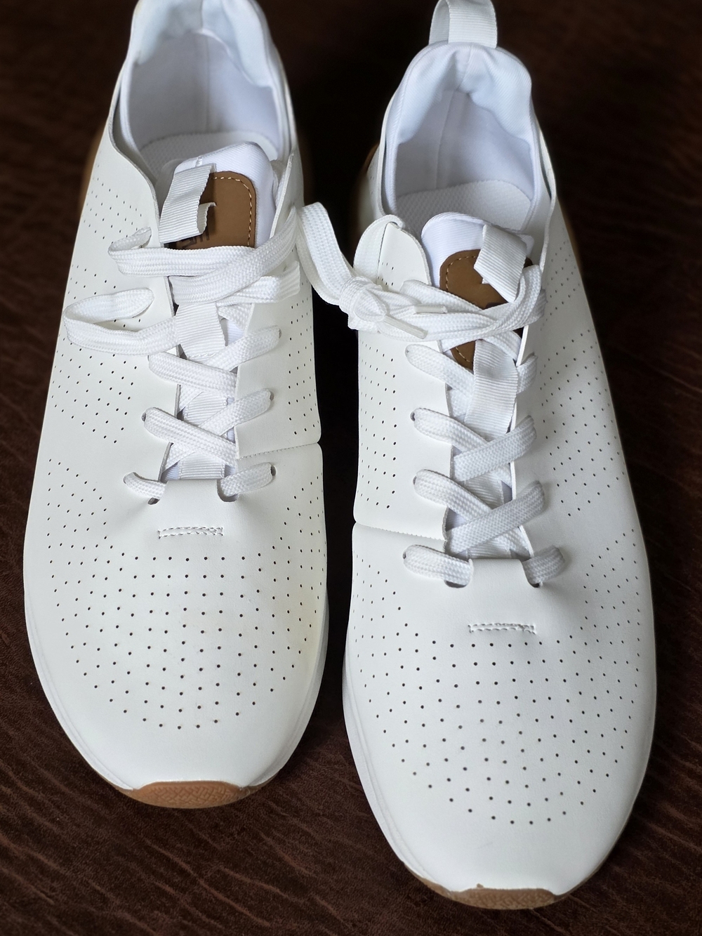 Steve Madden White Perforated Sneakers with Tan Accents. Size 14.